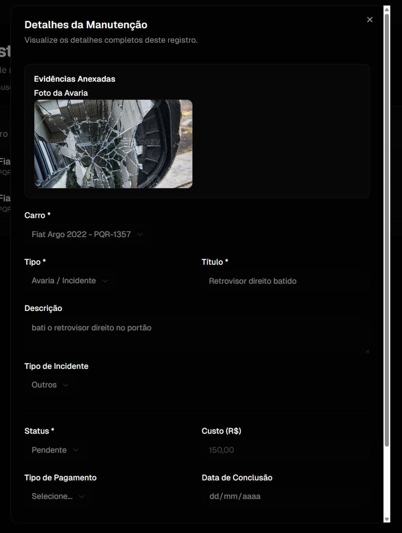 Modal de detalhes da manutenção com foto da avaria, título e descrição preenchidos automaticamente