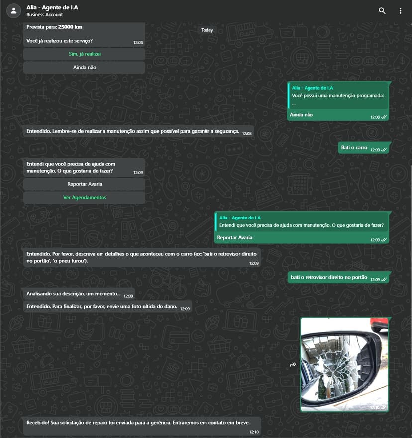 Conversa WhatsApp mostrando alerta proativo de manutenção e reporte de avaria pela Alia